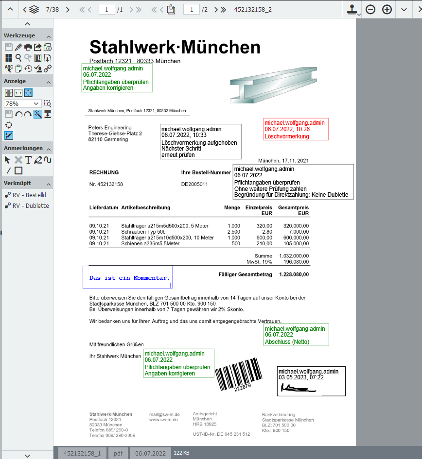 Ein Screenshot aus der DocuWare, der die elektronische Signatur zeigt.
