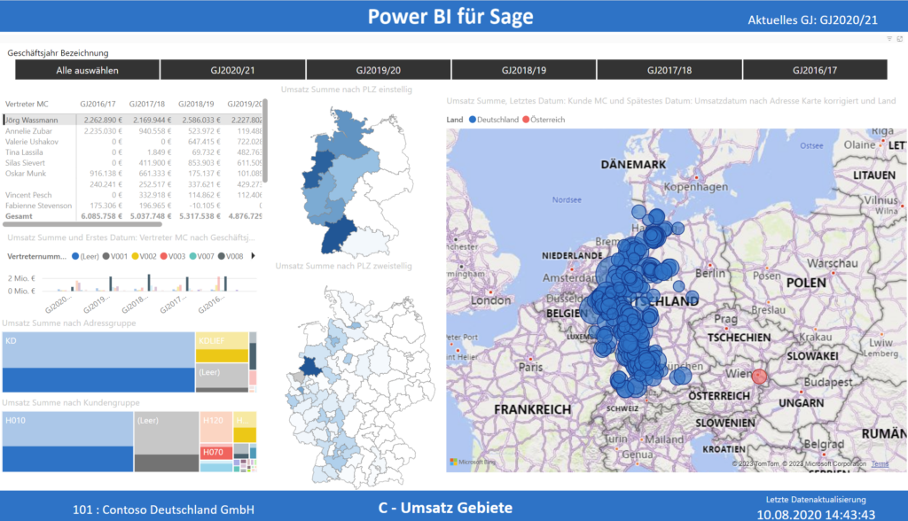 Power BI Dashboard mit Darstellung der Umsatz Gebiete